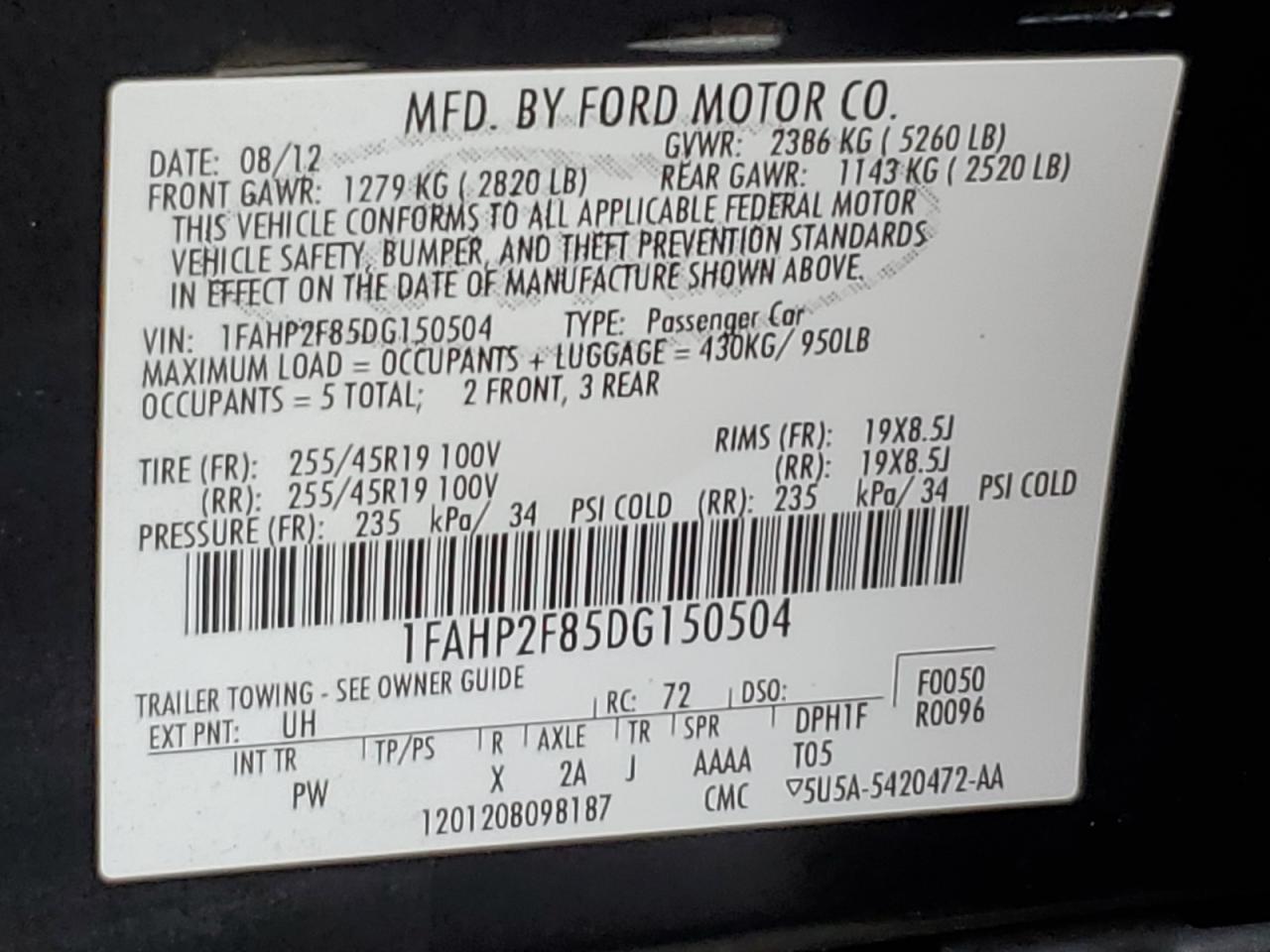 2013 Ford Taurus Limited VIN: 1FAHP2F85DG150504 Lot: 82376074