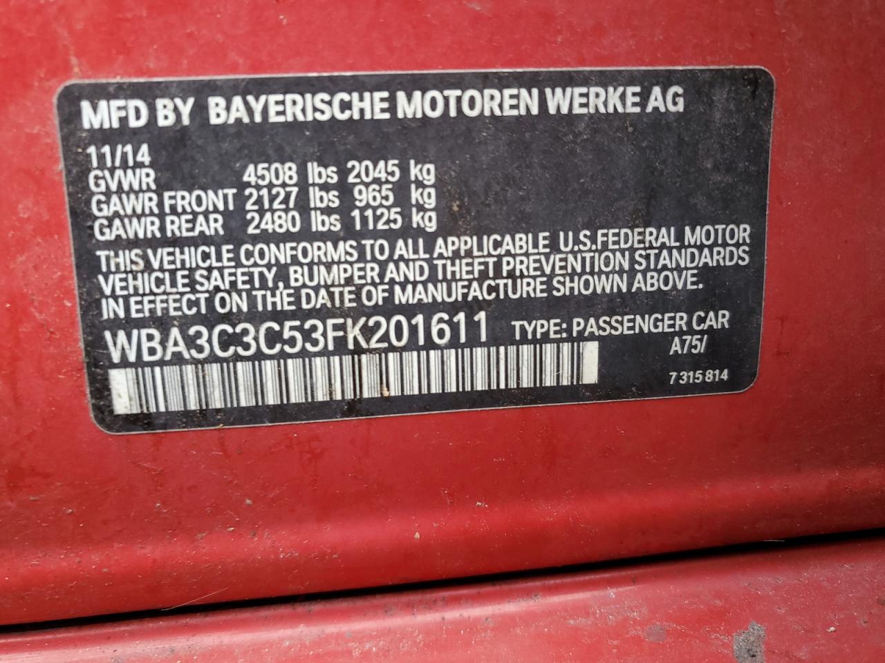 VIN WBA3C3C53FK201611 2015 BMW 3 SERIES no.12