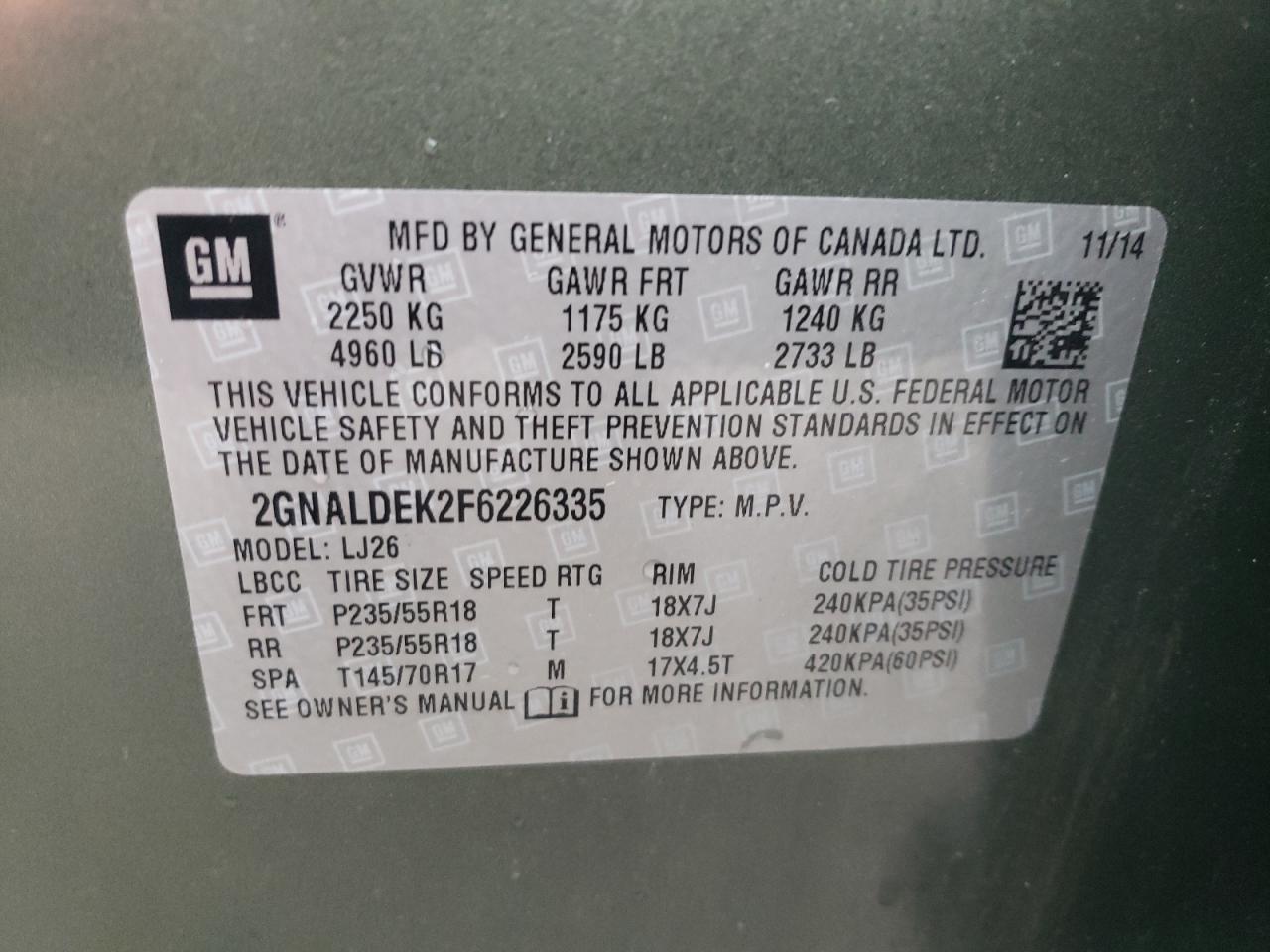 2015 Chevrolet Equinox Ltz VIN: 2GNALDEK2F6226335 Lot: 79115674