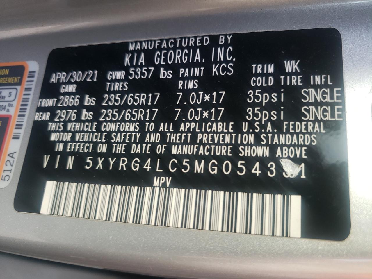 2021 Kia Sorento Lx VIN: 5XYRG4LC5MG054331 Lot: 81919274