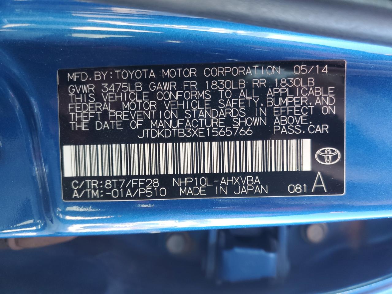 VIN JTDKDTB3XE1565766 2014 TOYOTA PRIUS no.13