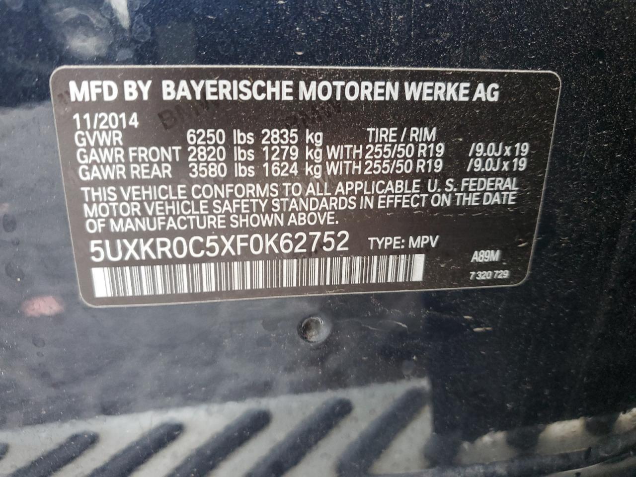 VIN 5UXKR0C5XF0K62752 2015 BMW X5 no.12