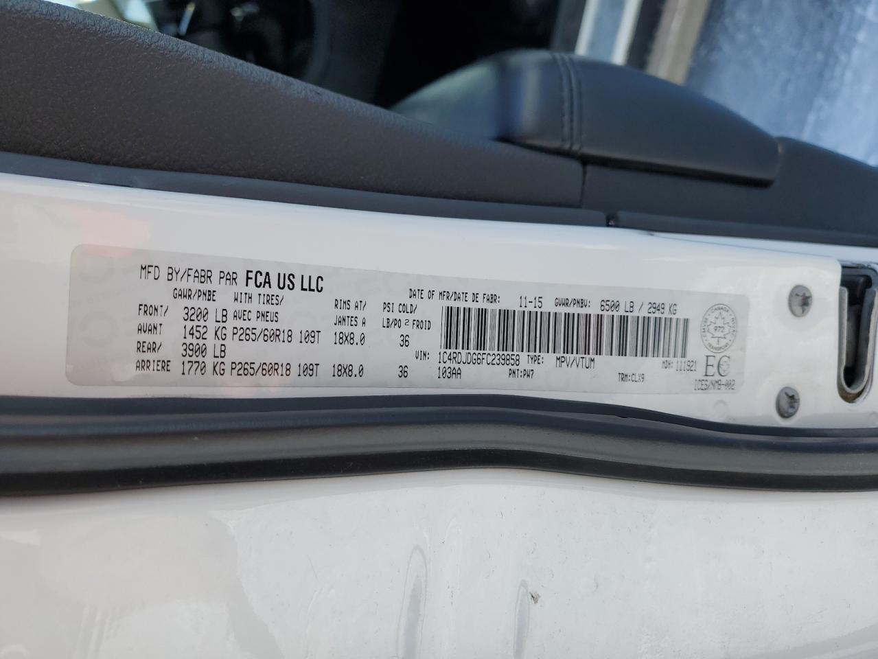 2015 Dodge Durango Limited VIN: 1C4RDJDG6FC239858 Lot: 82705664