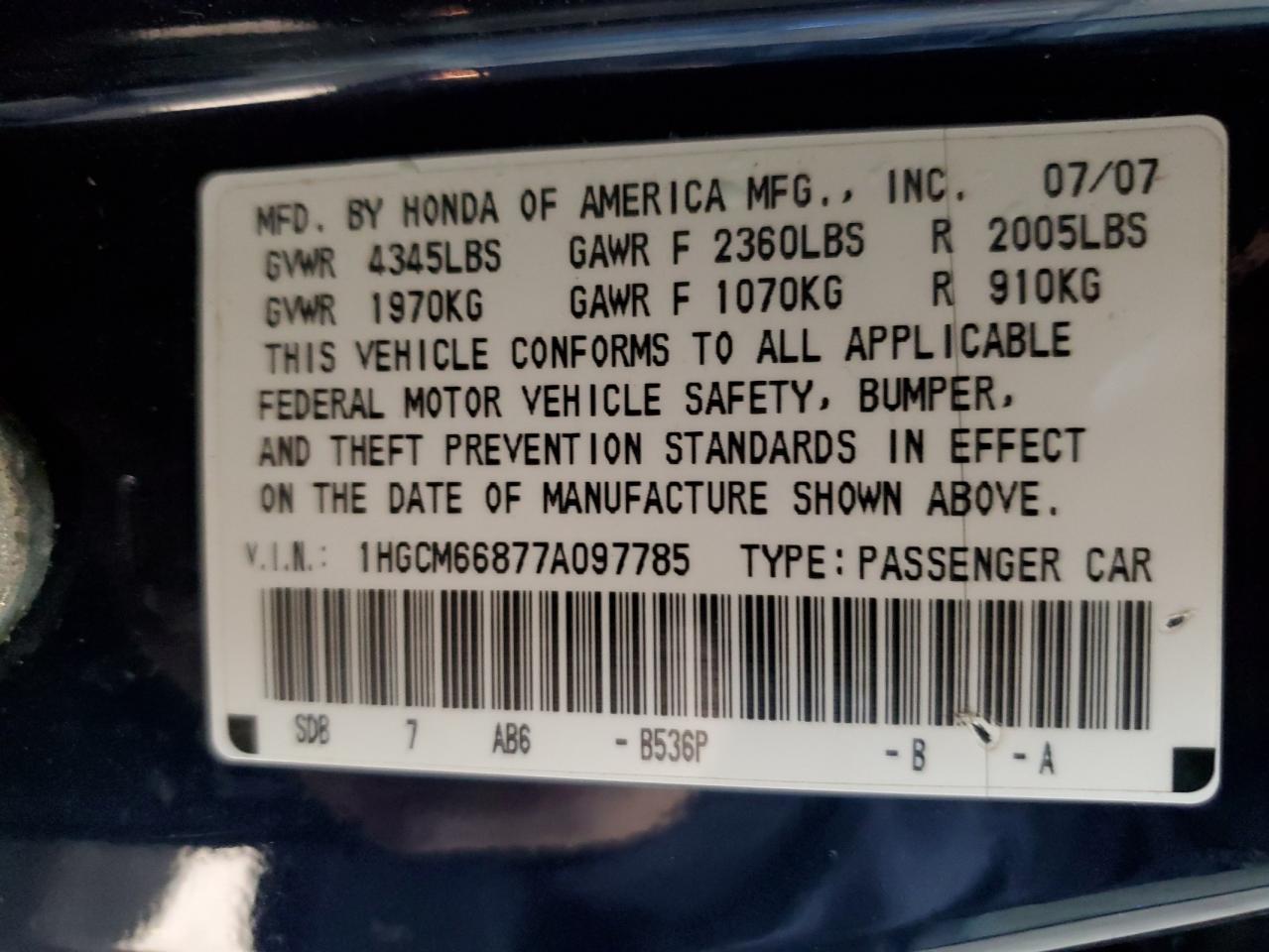 2007 Honda Accord Ex VIN: 1HGCM66877A097785 Lot: 80714694