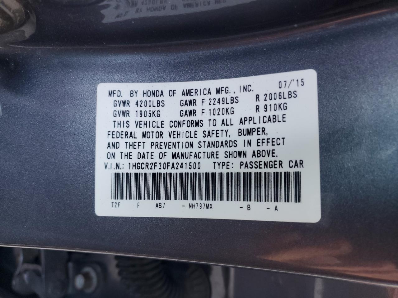 VIN 1HGCR2F30FA241500 2015 HONDA ACCORD no.13