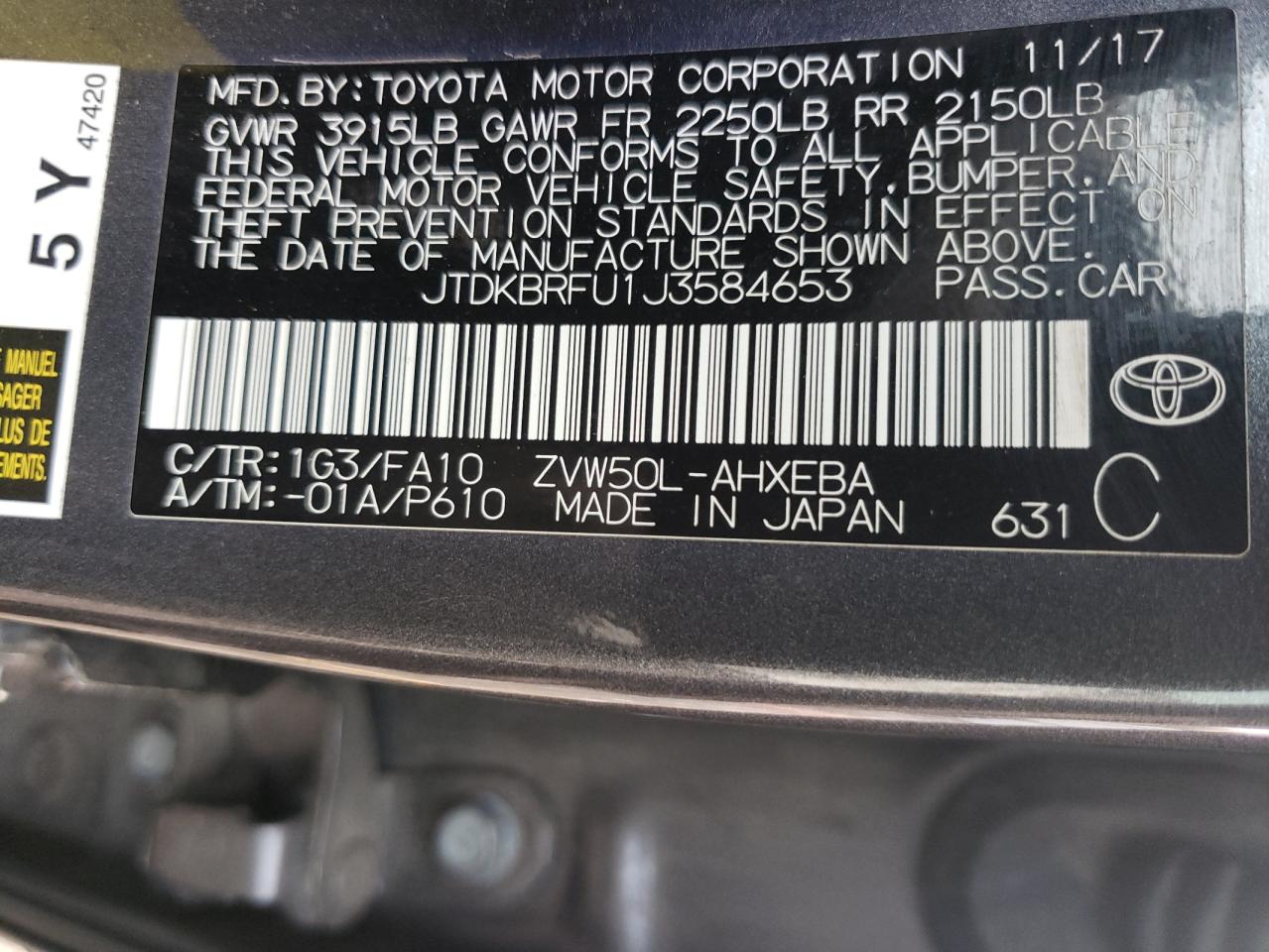 2018 Toyota Prius VIN: JTDKBRFU1J3584653 Lot: 80450544