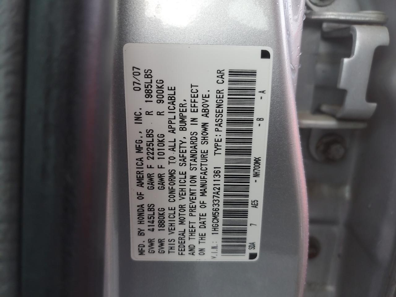 2007 Honda Accord Se VIN: 1HGCM56337A211361 Lot: 81111544