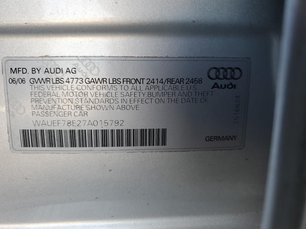 2007 Audi A4 S-Line 2.0T Quattro Turbo VIN: WAUEF78E27A015792 Lot: 79122954