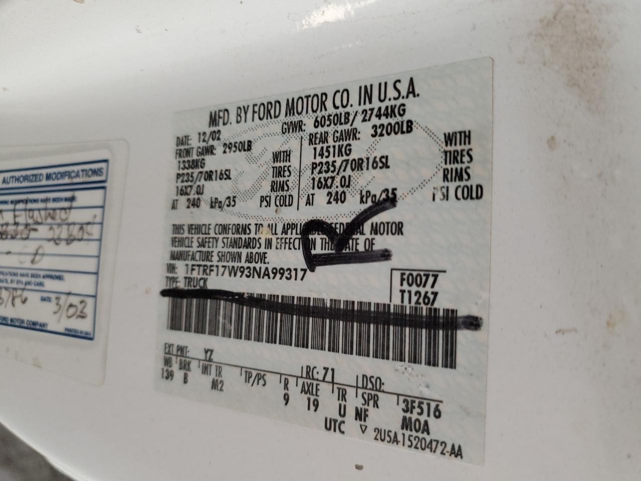 2003 Ford F150 VIN: 1FTRF17W93NA99317 Lot: 82057924