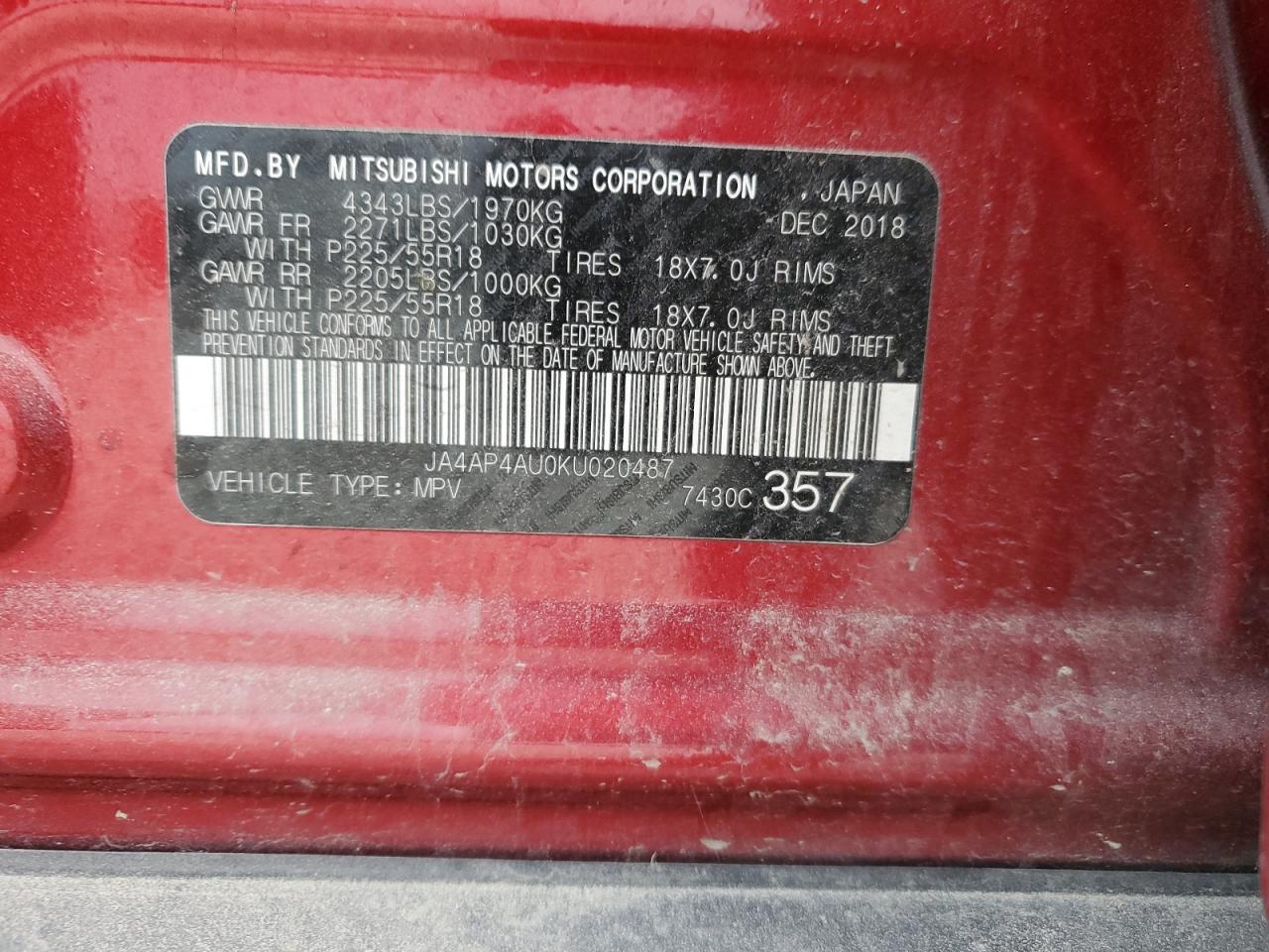 2019 Mitsubishi Outlander Sport Se VIN: JA4AP4AU0KU020487 Lot: 82304204