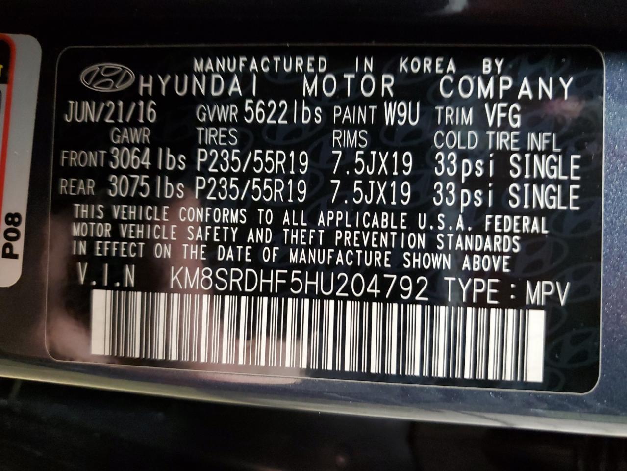 VIN KM8SRDHF5HU204792 2017 HYUNDAI SANTA FE no.13