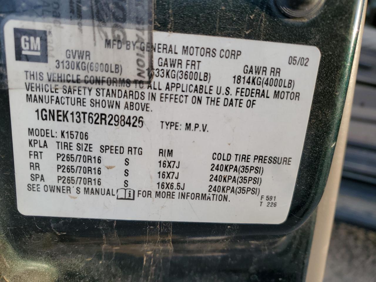 2002 Chevrolet Tahoe K1500 VIN: 1GNEK13T62R298426 Lot: 82715904