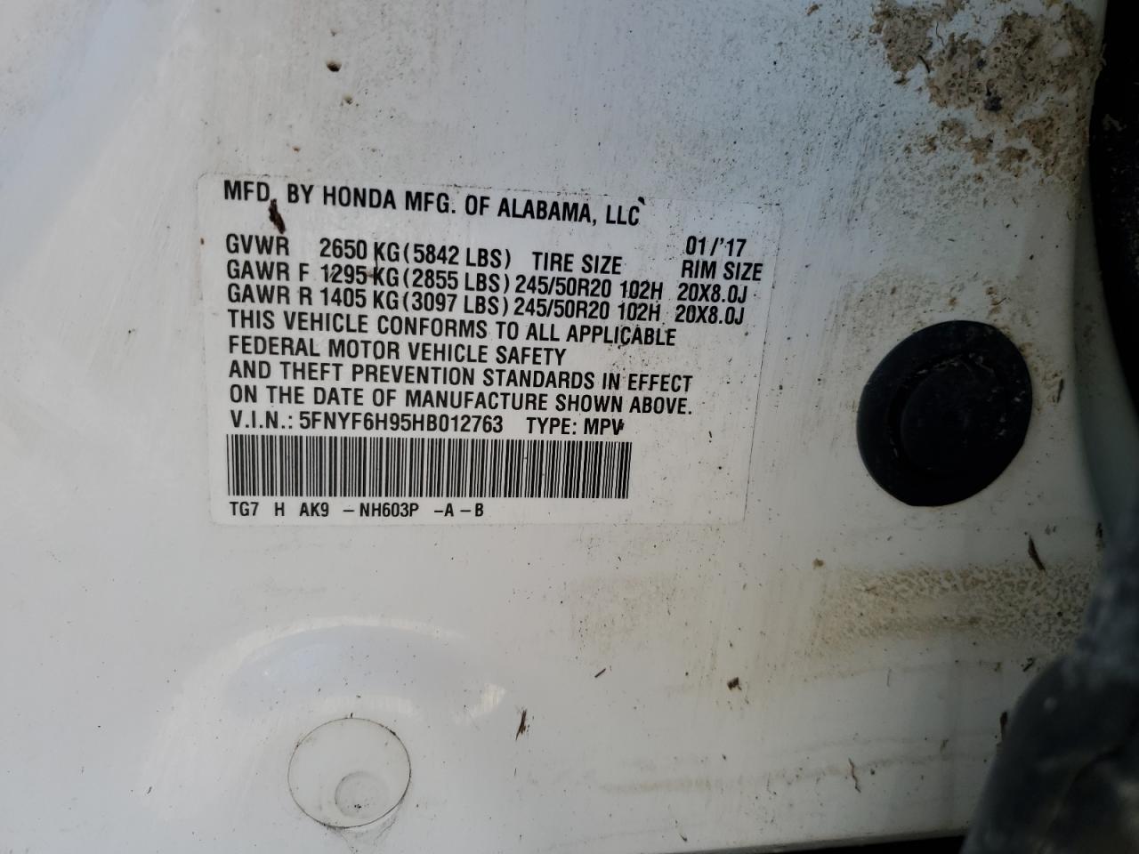 2017 Honda Pilot Touring VIN: 5FNYF6H95HB012763 Lot: 79036604