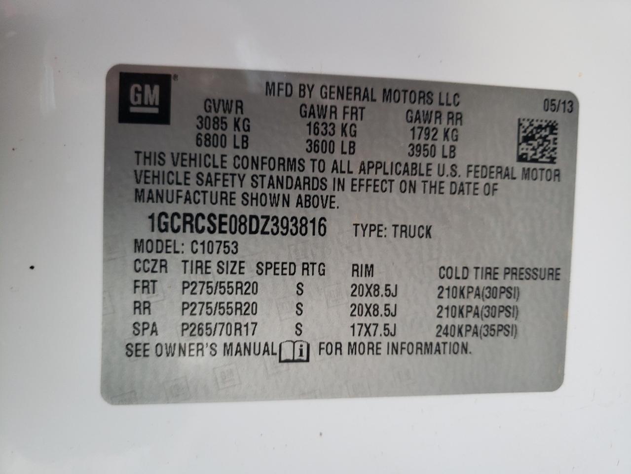 VIN 1GCRCSE08DZ393816 2013 CHEVROLET ALL Models no.12