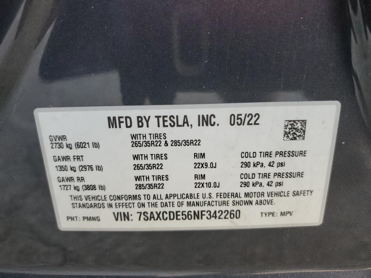 2022 Tesla Model X VIN: 7SAXCDE56NF342260 Lot: 82687234