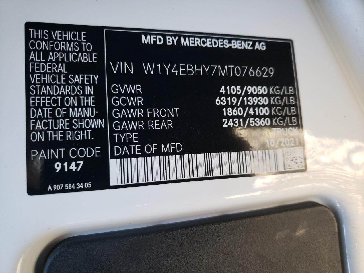 2021 Mercedes-Benz Sprinter 2500 VIN: W1Y4EBHY7MT076629 Lot: 79121764