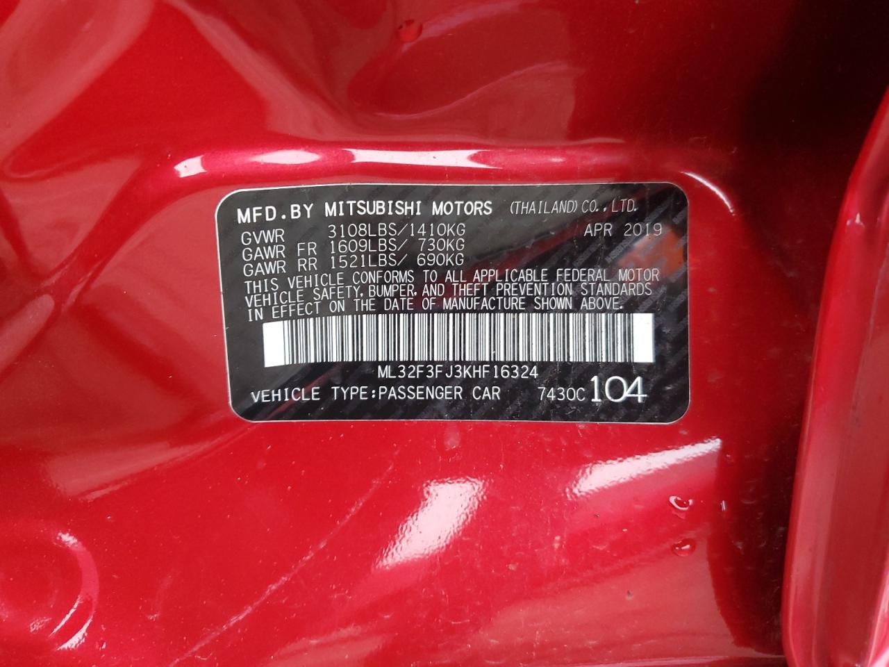 2019 Mitsubishi Mirage G4 Es VIN: ML32F3FJ3KHF16324 Lot: 80058834