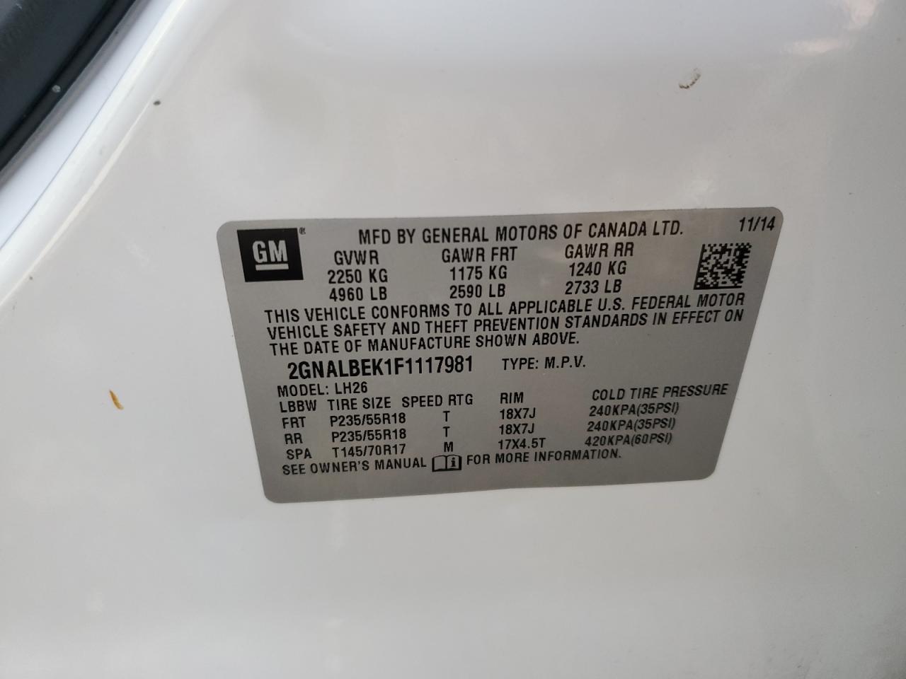 2015 Chevrolet Equinox Lt VIN: 2GNALBEK1F1117981 Lot: 57224675