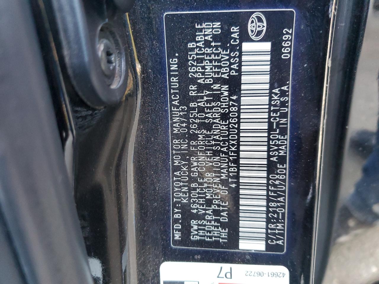 VIN 4T1BF1FKXDU260874 2013 TOYOTA CAMRY no.12