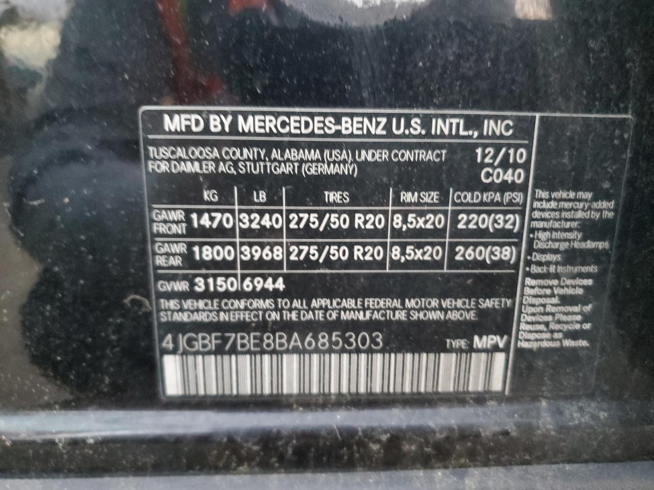 2011 Mercedes-Benz Gl 450 4Matic VIN: 4JGBF7BE8BA685303 Lot: 81483904