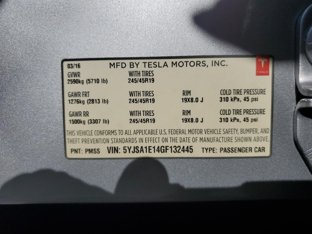 2016 Tesla Model S VIN: 5YJSA1E14GF132445 Lot: 80435484