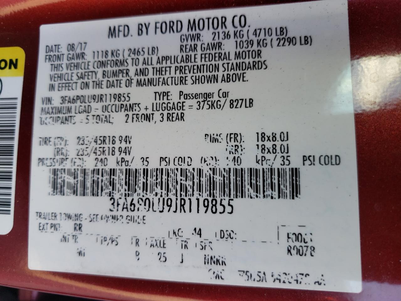 2018 Ford Fusion Se Hybrid VIN: 3FA6P0LU9JR119855 Lot: 81893854