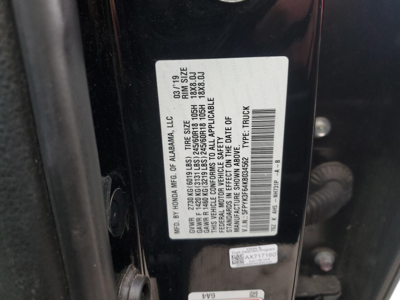 2019 Honda Ridgeline Rtl VIN: 5FPYK3F64KB034562 Lot: 94989545