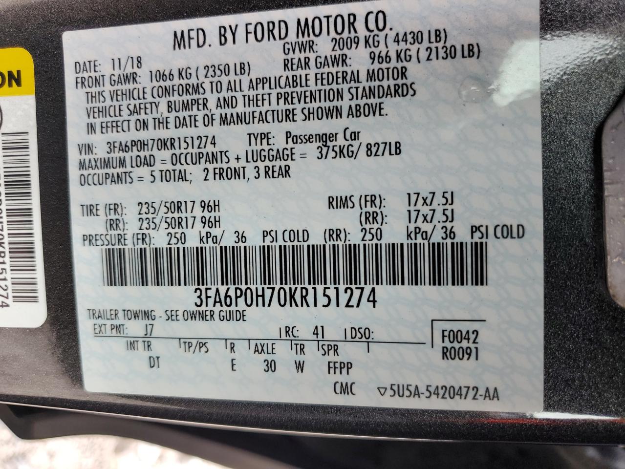 2019 Ford Fusion Se VIN: 3FA6P0H70KR151274 Lot: 79691964