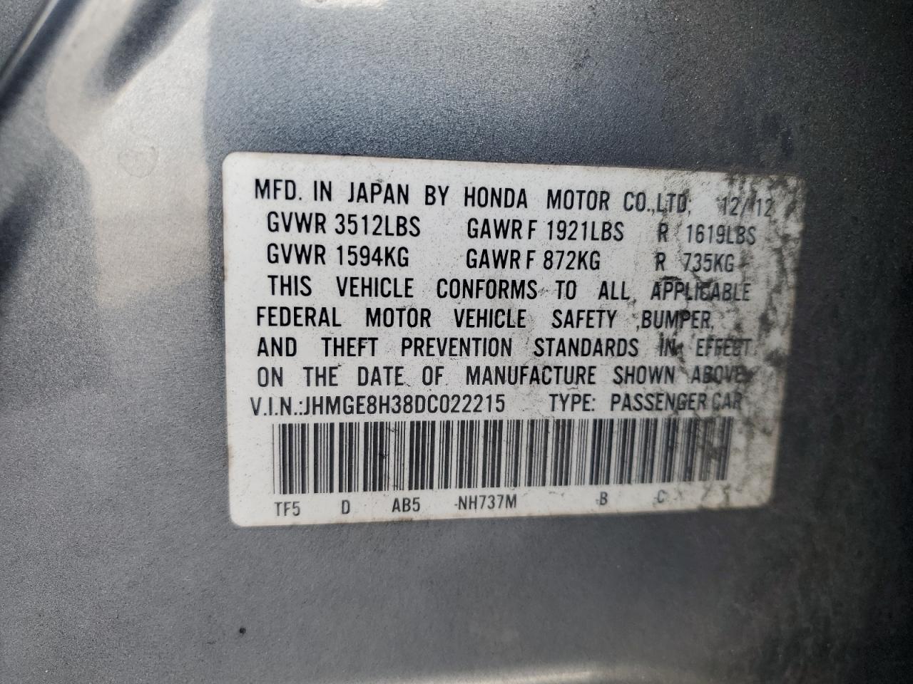 VIN JHMGE8H38DC022215 2013 HONDA FIT no.12