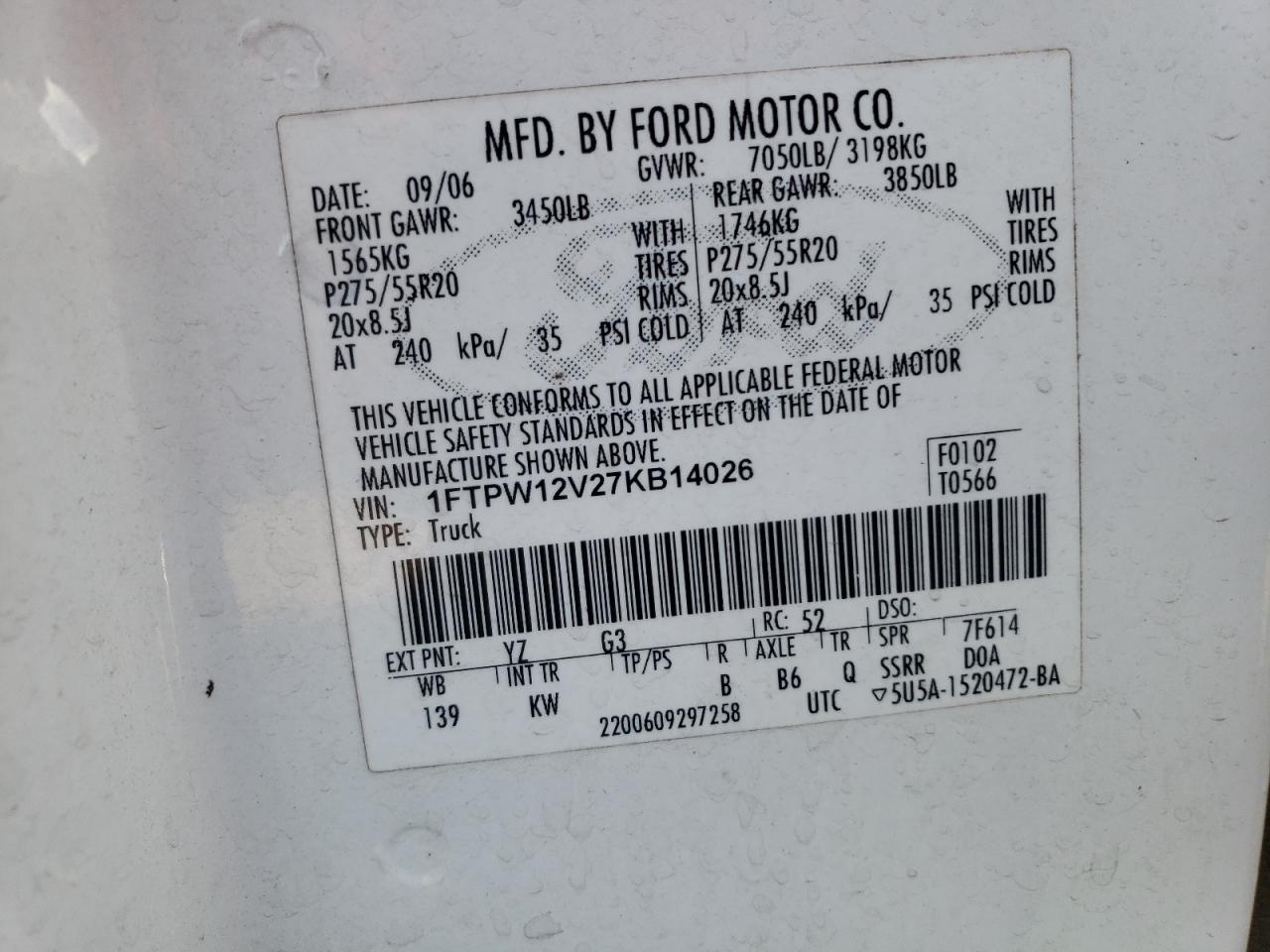 2007 Ford F150 Supercrew VIN: 1FTPW12V27KB14026 Lot: 82353554