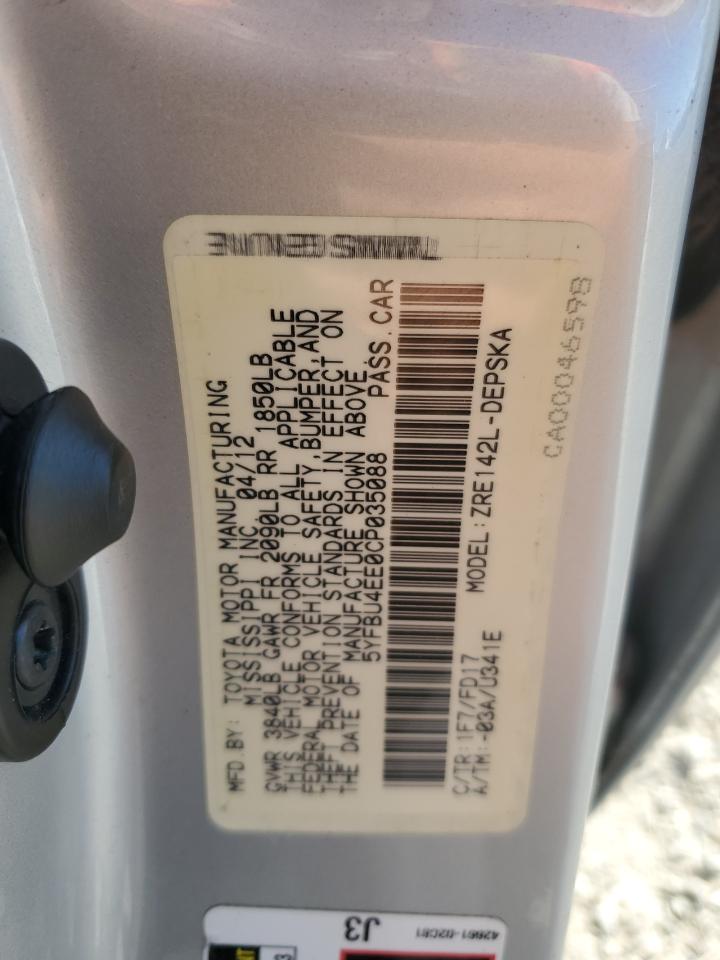 2012 Toyota Corolla Base VIN: 5YFBU4EE0CP035088 Lot: 76371324