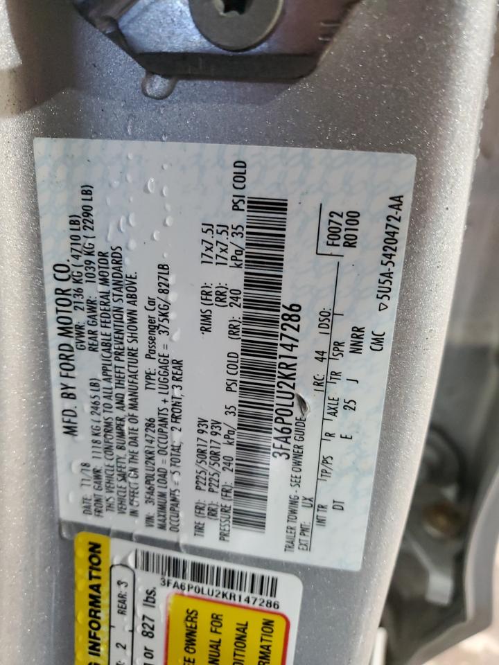 2019 Ford Fusion Se VIN: 3FA6P0LU2KR147286 Lot: 80924324