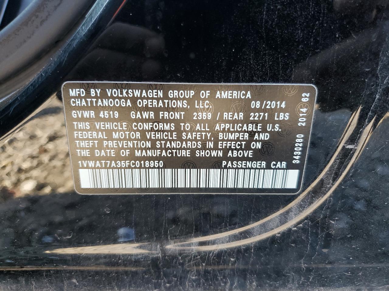 VIN 1VWAT7A35FC018950 2015 VOLKSWAGEN PASSAT no.12