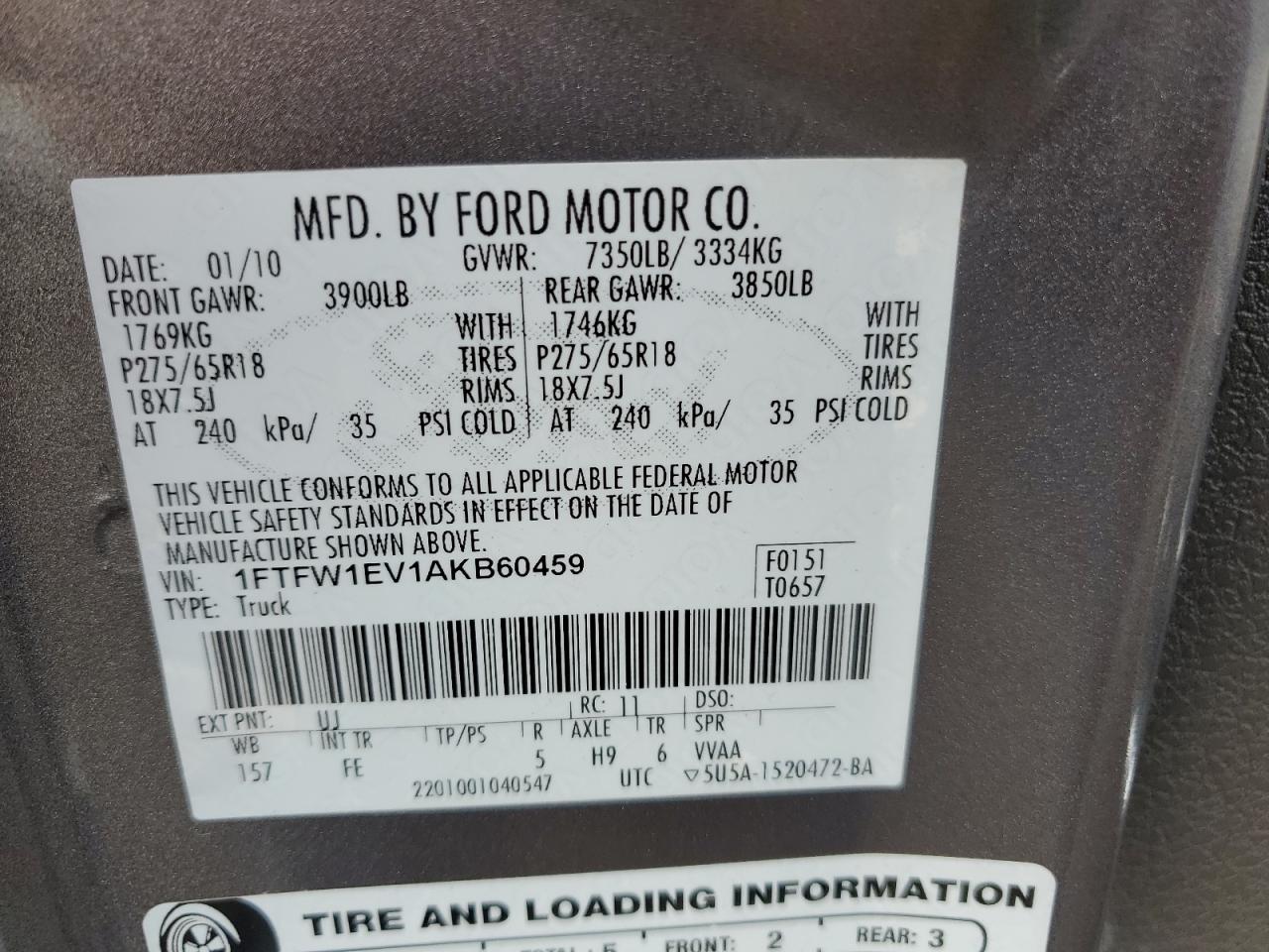 2010 Ford F150 Supercrew VIN: 1FTFW1EV1AKB60459 Lot: 79190394