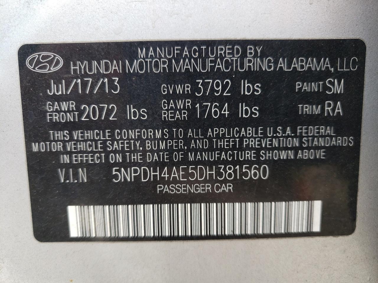 VIN 5NPDH4AE5DH381560 2013 HYUNDAI ELANTRA no.12