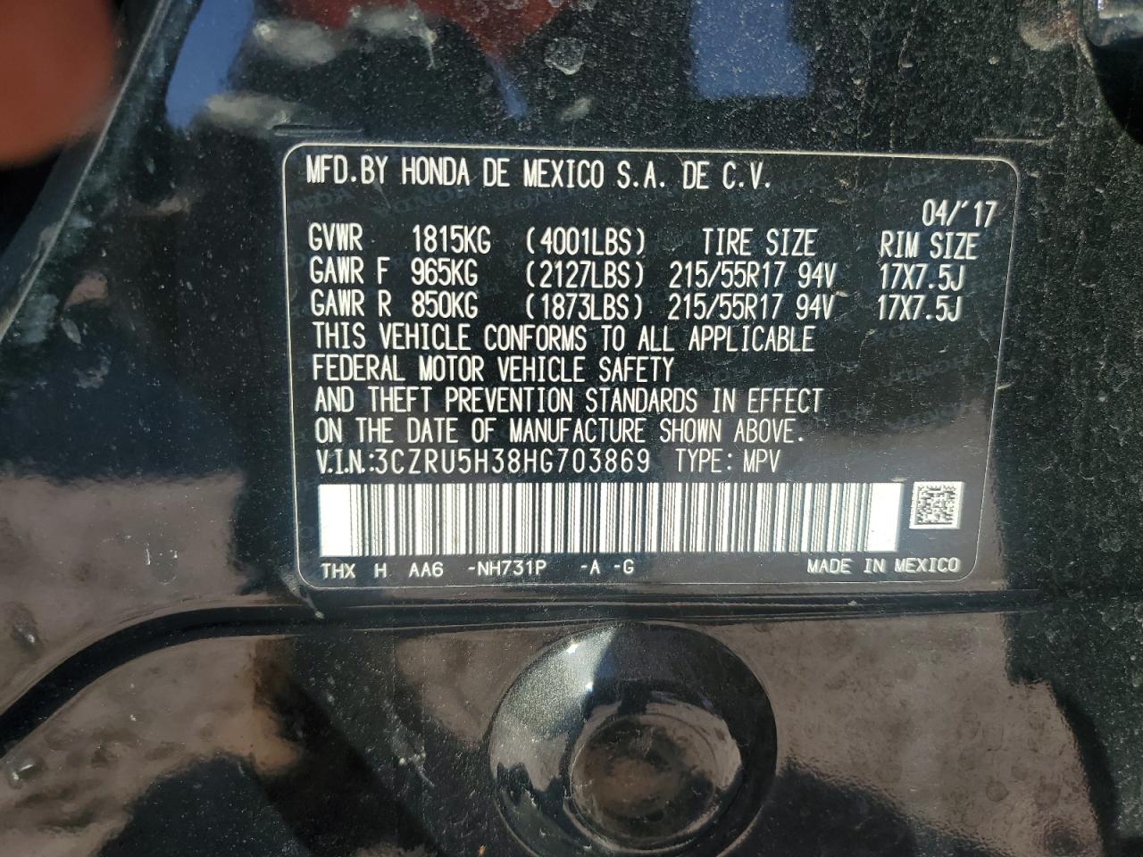 VIN 3CZRU5H38HG703869 2017 HONDA HR-V no.12