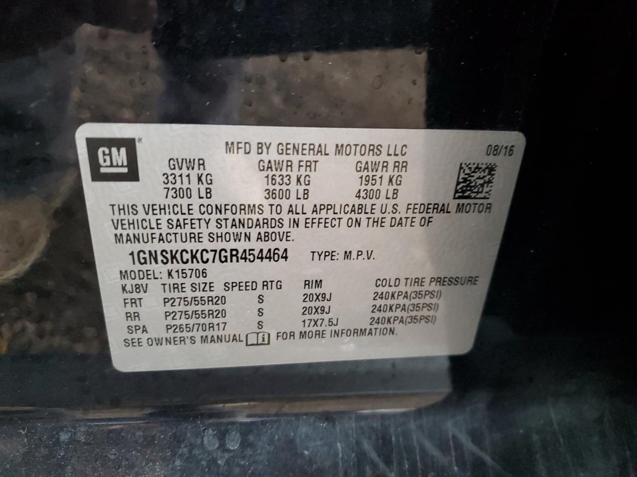 2016 Chevrolet Tahoe K1500 Ltz VIN: 1GNSKCKC7GR454464 Lot: 79497264