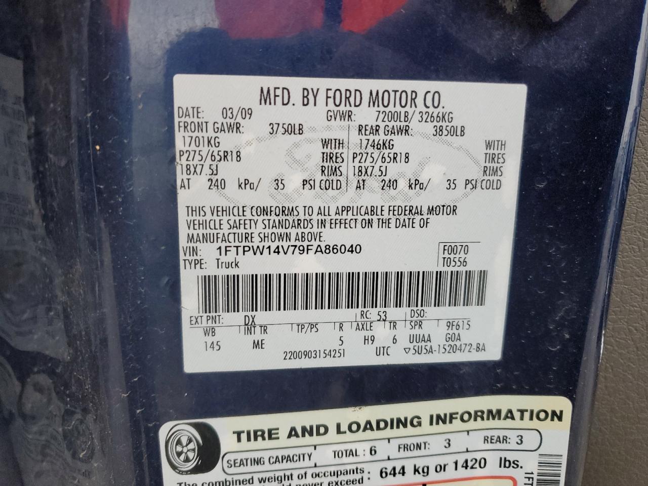 2009 Ford F150 Supercrew VIN: 1FTPW14V79FA86040 Lot: 80725674