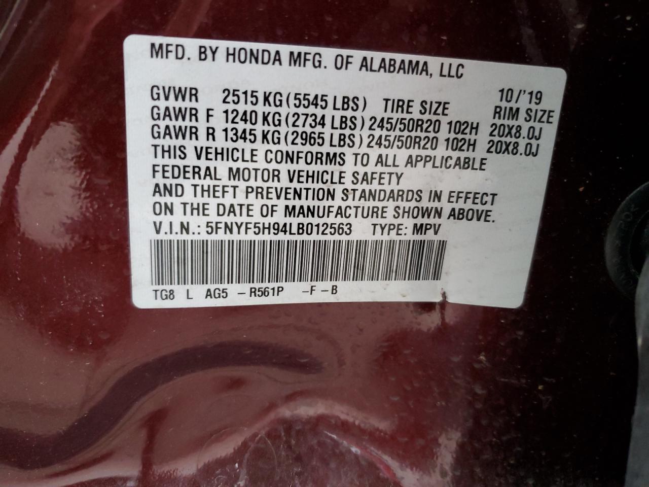 2020 Honda Pilot Touring VIN: 5FNYF5H94LB012563 Lot: 78901744