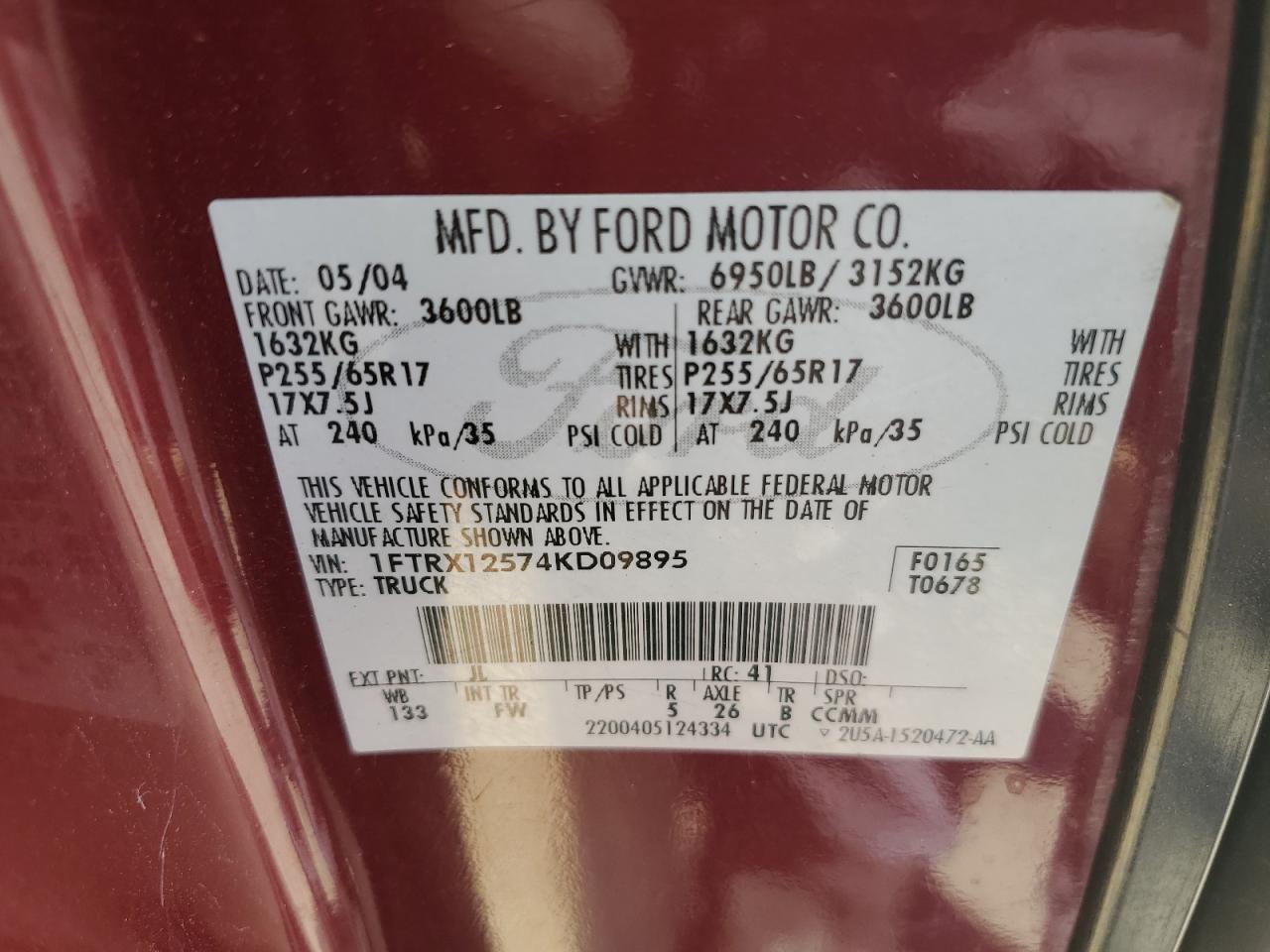 2004 Ford F150 VIN: 1FTRX12574KD09895 Lot: 54243125