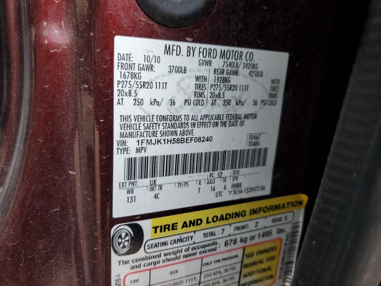 2011 Ford Expedition El Xlt VIN: 1FMJK1H58BEF08240 Lot: 79193034