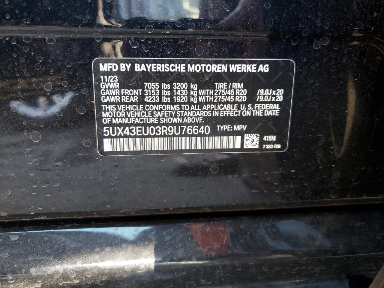 VIN 5UX43EU03R9U76640 2024 BMW X5 no.14