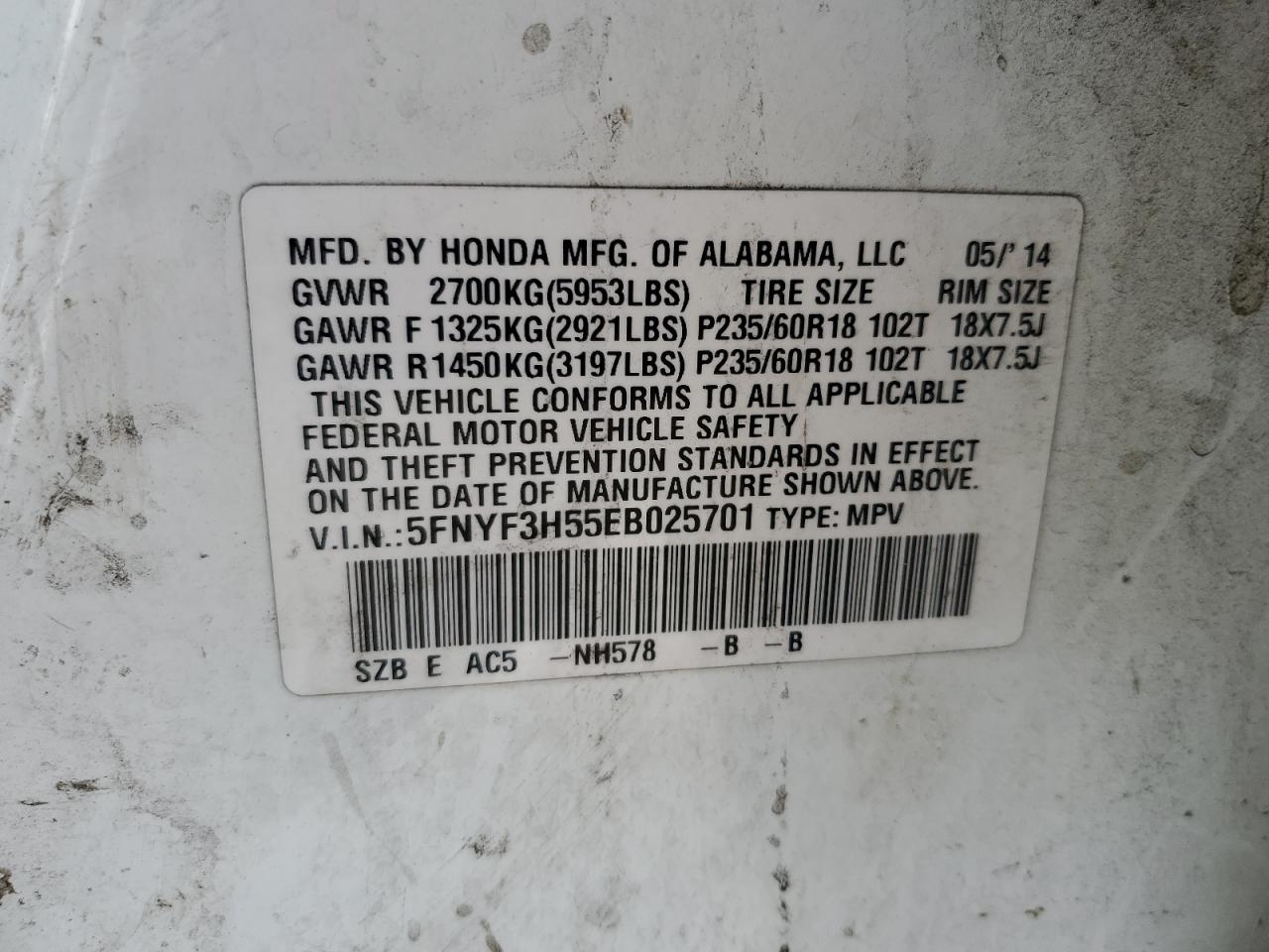 5FNYF3H55EB025701 2014 Honda Pilot Exl