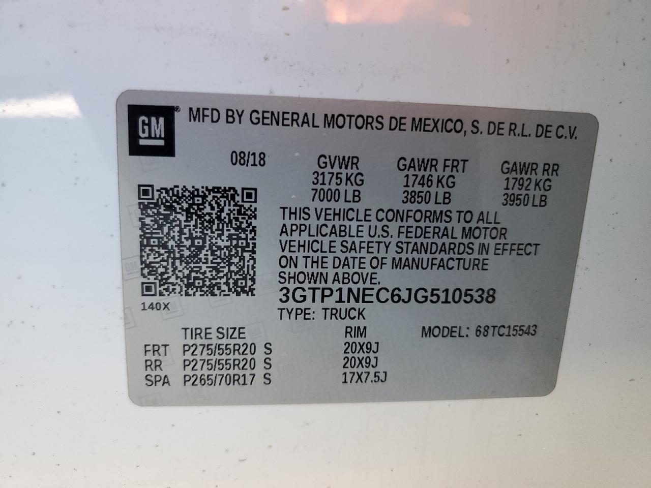 VIN 3GTP1NEC6JG510538 2018 GMC SIERRA no.12