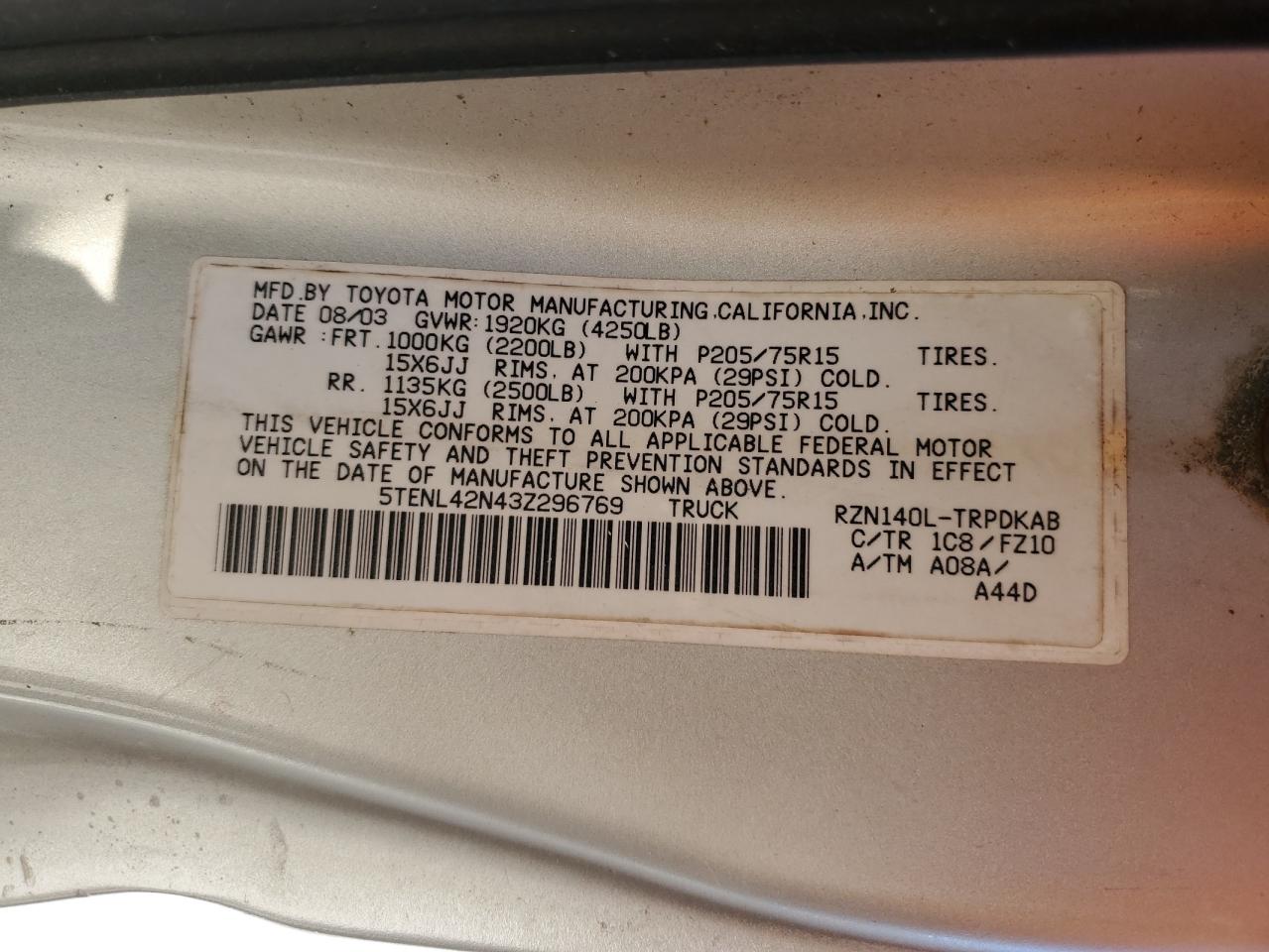 2003 Toyota Tacoma VIN: 5TENL42N43Z296769 Lot: 81887804