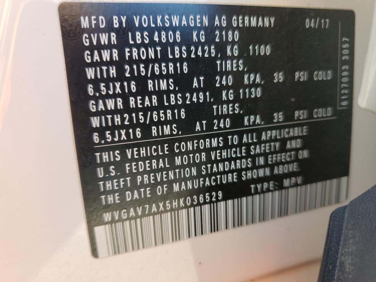 VIN WVGAV7AX5HK036529 2017 VOLKSWAGEN TIGUAN no.13