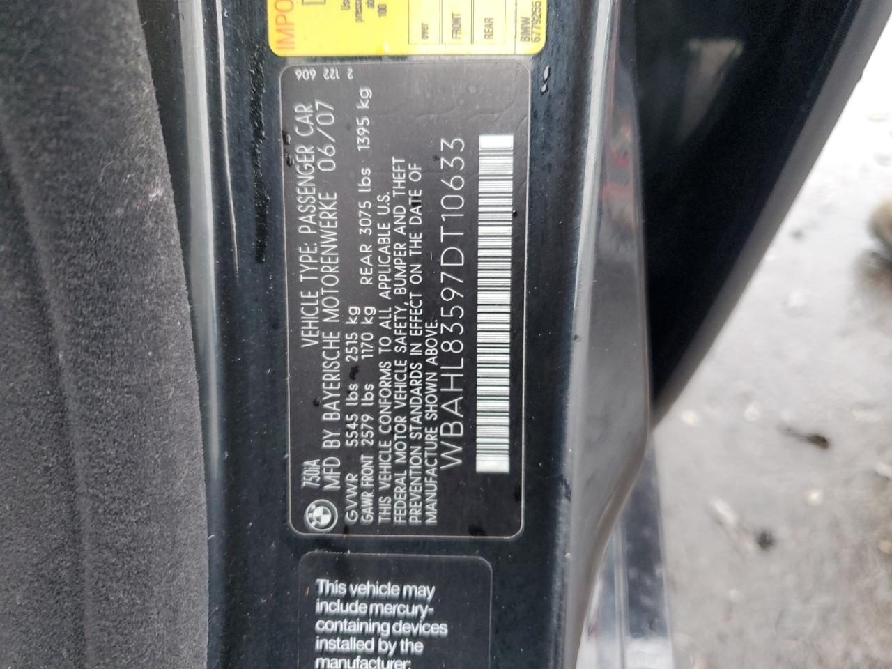 wbahl83597dt10633 WBAHL83597DT10633 2007 BMW 750 I