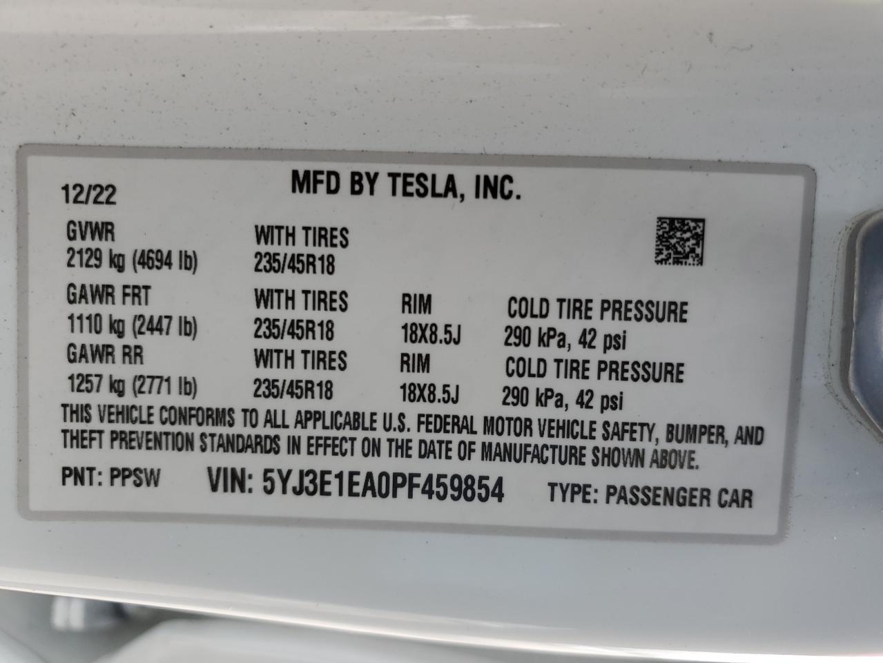 2023 Tesla Model 3 VIN: 5YJ3E1EA0PF459854 Lot: 82090744