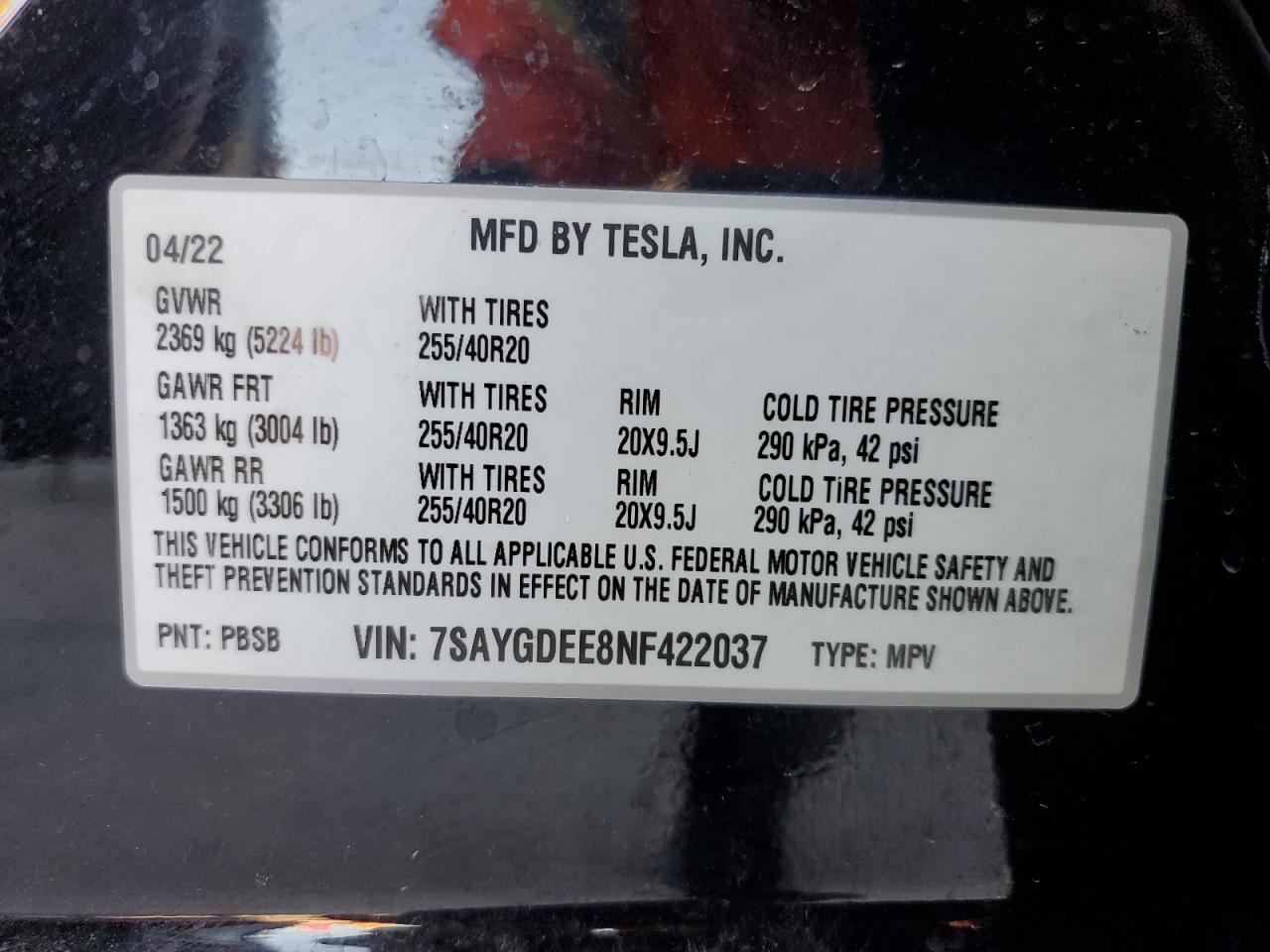 2022 Tesla Model Y VIN: 7SAYGDEE8NF422037 Lot: 80013364