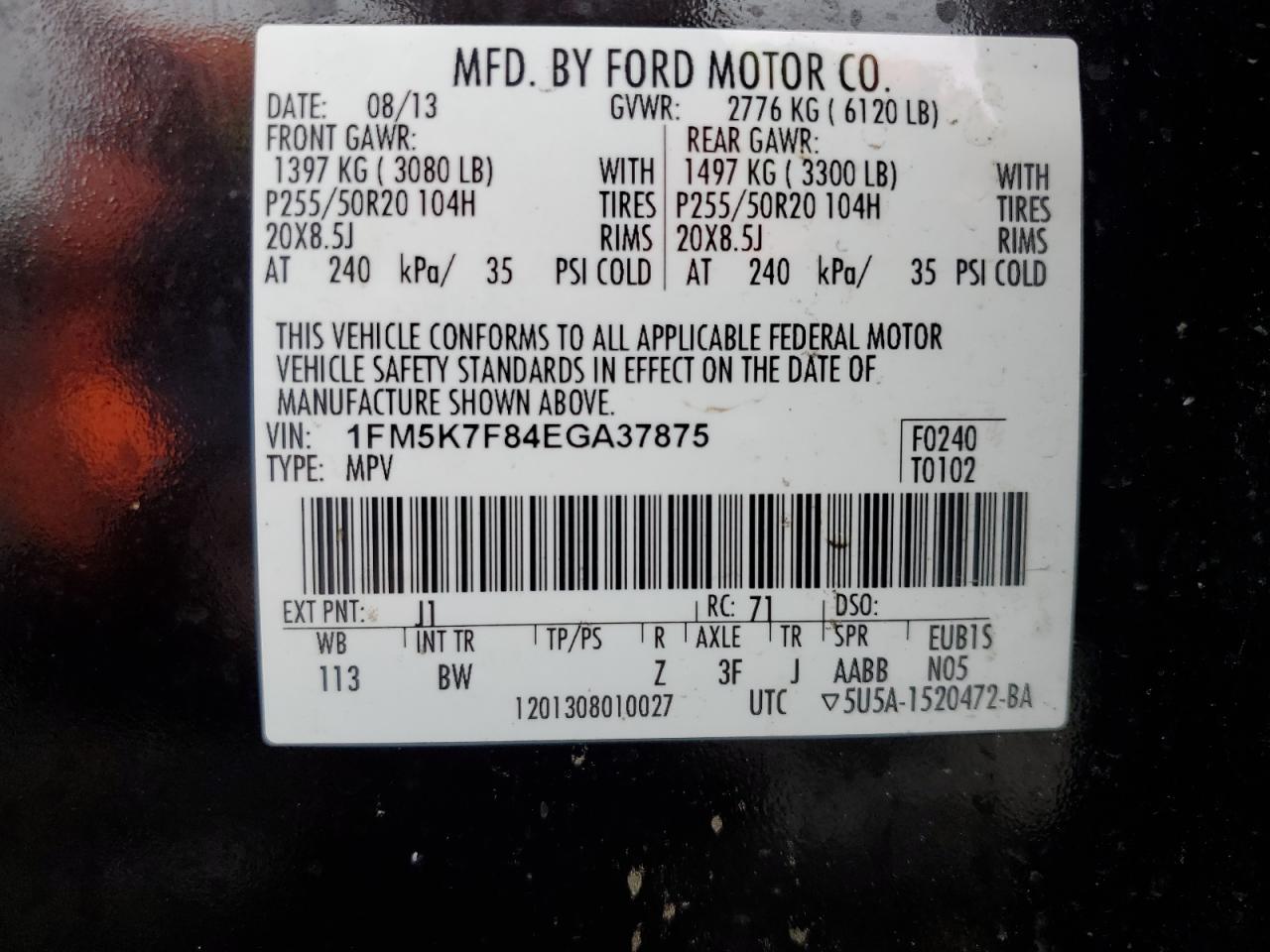 VIN 1FM5K7F84EGA37875 2014 FORD EXPLORER no.13